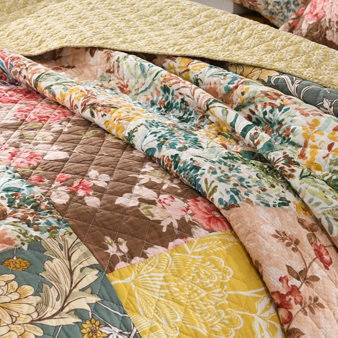 Autumn Dream Cotton Bedspread Quilt Sets Reversible Bedding Coverlet Sets, Luxury Vintage Floral Patchwork Yellow Bedspread, King Size | Breathable material, Reversible, Handmade patchwork, soft durable, Jacquard stitching