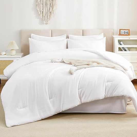 Litanika Comforter Full Size Set White - 7 Pieces Bed in a Bag Full Bedding Comforter Sets, Plain Lightweight Bed Set with Comforter, Sheets, Pillowcases & Shams