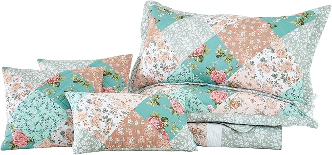 Oversized King Bedspread, Farmhouse Patchwork Floral Quilt Bedding Cover, Reversible, 6 Piece, 100% Microfiber, King/Cal King, Rosa Chinensis Jacq