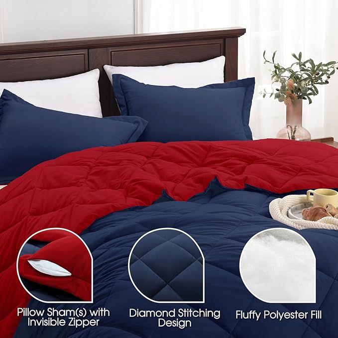 Basic Beyond California King Comforter Set, Navy and Red Comforter Set California King for All Seasons, 1 Comforter 104"x96" and 2 Pillow Shams 20"x36"+2"