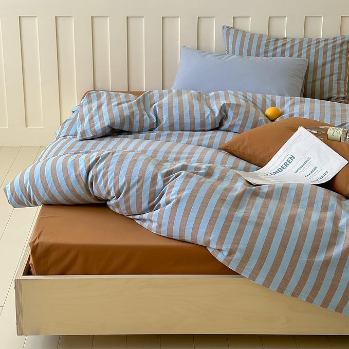LifeTB Vintage Striped Comforter Set Full, 3 Pieces Blue Brown Stripes Pattern Printed Bedding Set, Fluffy Soft Lightweight Bedding Comforter Set, Farmhouse Striped Bed Comforter with 2 Pillowcases