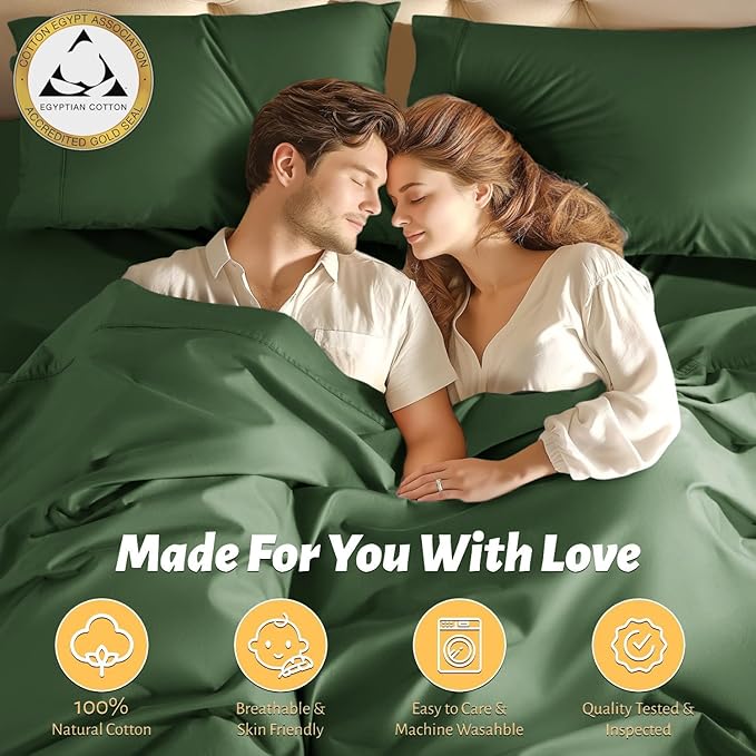 Shilucheng 100% Egyptian Cotton King Size Sheets Set - 1000 Thread Count，Luxury Cotton Bed Sheets，Breathable & Cooling Bedding and Pillow Cases, 16 Inch Deep Pocket - 4 Piece(Olive Green,King)