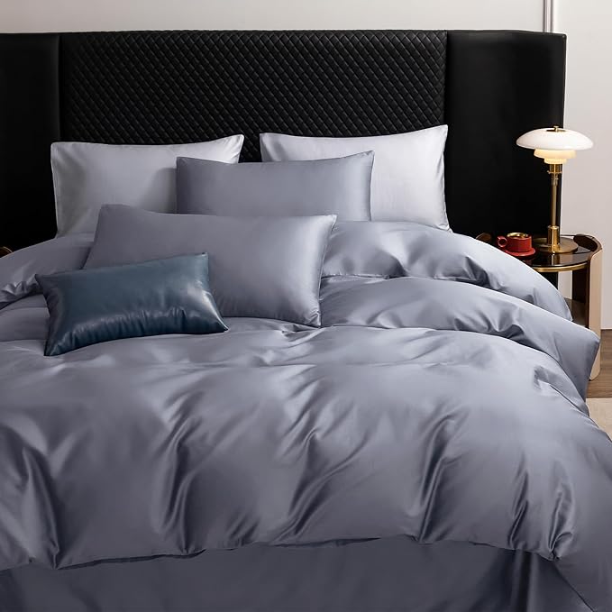 MooMee Duvet Cover Set 100% Extra Long Staple Cotton 600 Thread Count Silky Sateen Smooth Luxury Soft Breathable Durable Hotel Quality Bedding, 3 Pieces (Blueish Grey, King 104"x90")