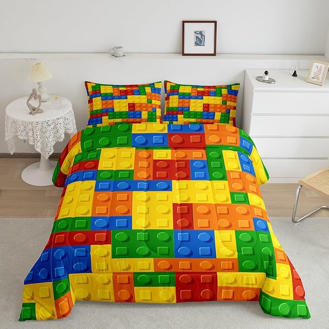 Feelyou Games Comforter Set Toddler Building Blocks Bedding Set for Kids Boys Girls Colorful Geometric Toy Brick Comforter Gaming Nursery Quilt Duvet Set with 1 Pillowcase Boys