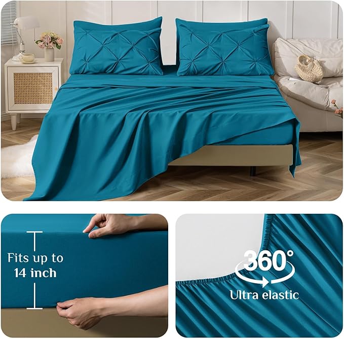 JOLLYVOGUE Queen Comforter Set 7 Pieces - Bed in a Bag Queen for All Season, Pintuck Bedding Comforter Sets with Comforter, Flat Sheet, Fitted Sheet and Pillowcases & Shams, Teal