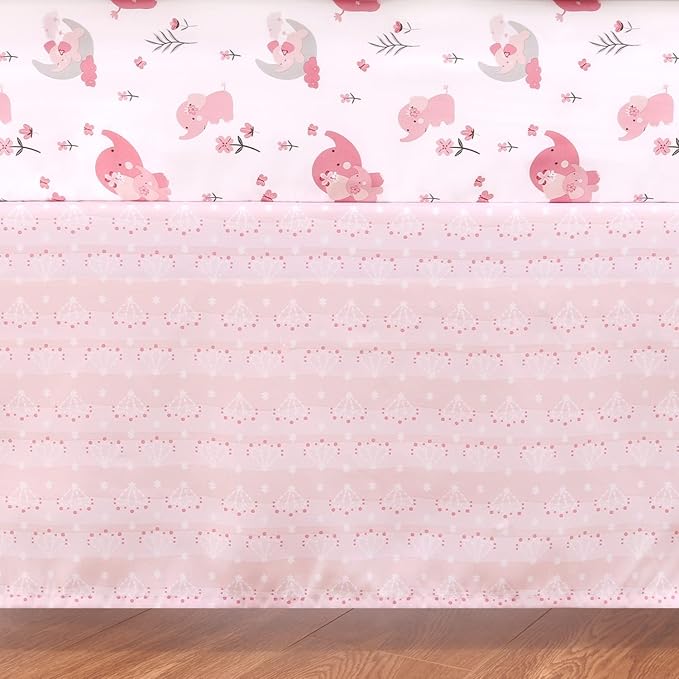 The Peanutshell 3 Piece Baby Crib Bedding Set for Girls - Newborn, Infant & Toddler Nursery Bed Set Decor with Fitted Crib Sheet, Dust Ruffle Comforter - Pink Elephant