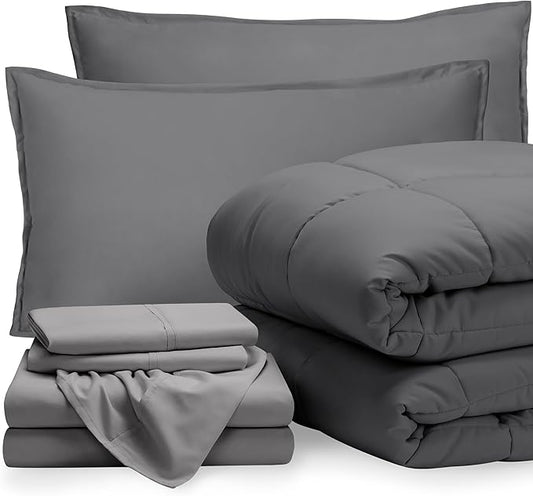 Bare Home Bed-in-A-Bag 7 Piece Comforter & Sheet Set - King - Goose Down Alternative - Ultra-Soft 1800 Premium - Bed Set (King, Grey/Light Grey)