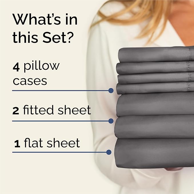 Split King 7 Piece Sheet Set - Comfy Breathable & Cooling - Soft Hotel Luxury Bedding Set with 8-16 Inch Deep Pockets - 1 Flat & 2 Fitted Sheet & 4 Pillowcases - Wrinkle Free & Easy Care - Dark Grey