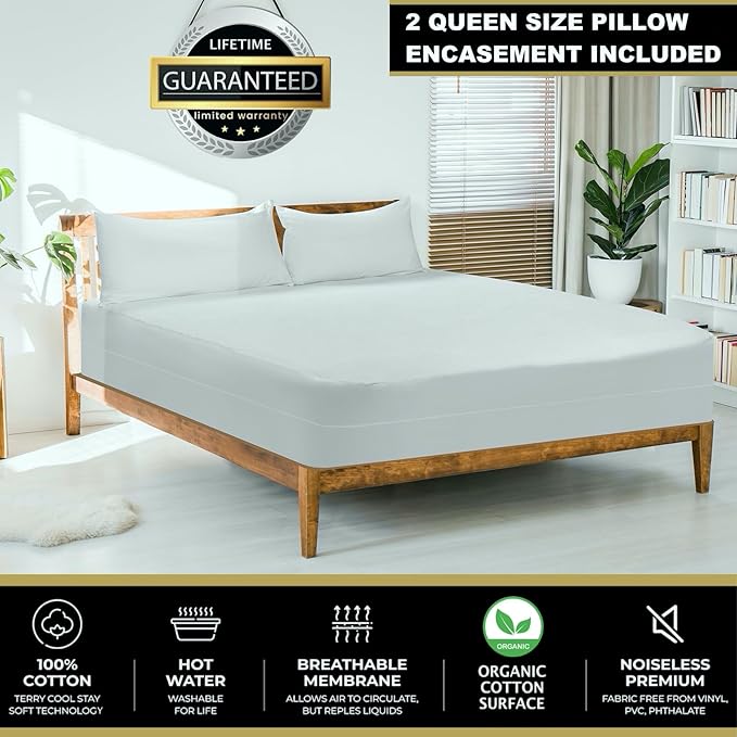 MATTSHIELD Ultimate Sensitive Skin 3-Piece Kit – Twin Size Bed Bug Mattress Protector + 2 Zippered Pillow Covers – Organic Cotton Terry Top – Waterproof 6-Sided Encasement, Soft & Breathable