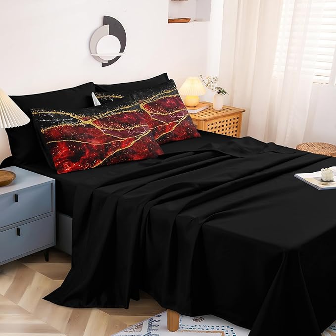 Black Gold Comforter Set 8 Pcs Red Marble Bedding Queen Size Bed in A Bag Stone Texture Abstract Room Decor