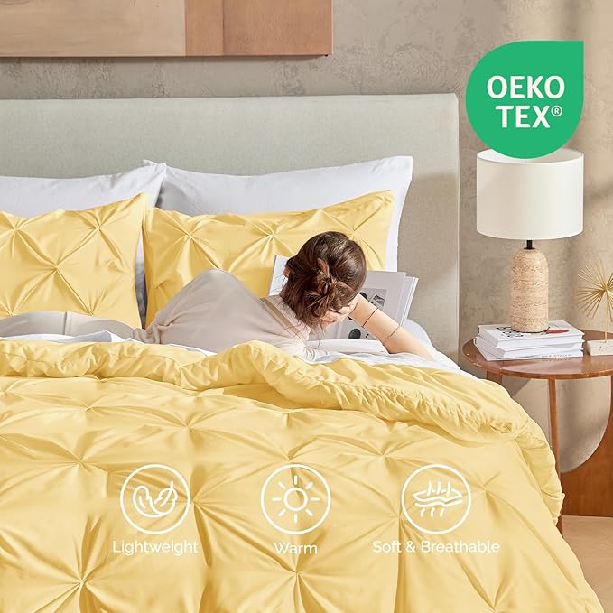 Andency Yellow Pinch Pleated Comforter King(104x90Inch), 3 Pieces (1 Pintuck Comforter, 2 Pillowcases) Pintuck Comforter Set,Microfiber Down Alternative Comforter Bedding Set
