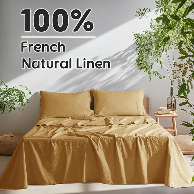 SONORO KATE 100% French Pure Linen Sheets, Breathable and Durable, 16 Inch Deep Pocket - 4 Piece (Rust, California King)