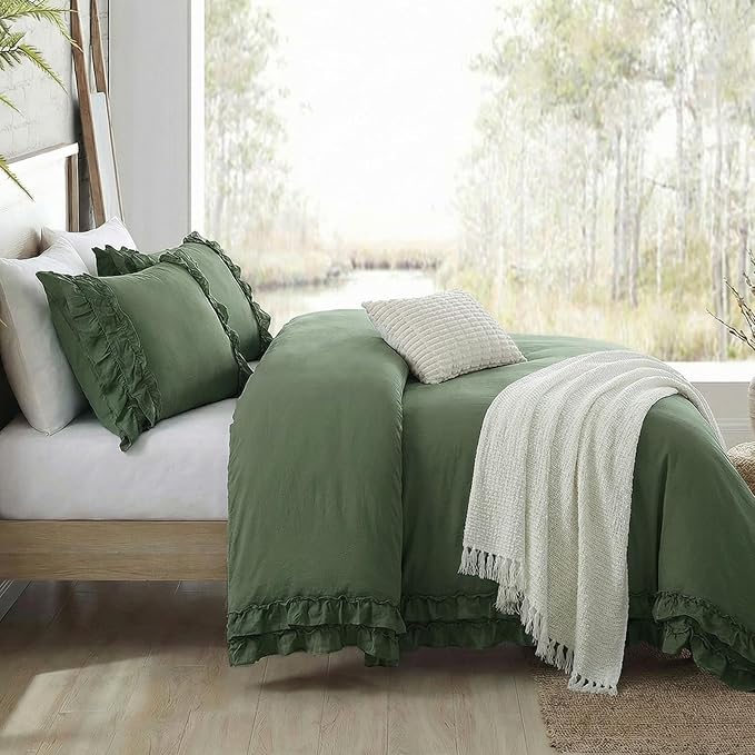 Bedorm Boho Queen Duvet Cover Olive Green Bedding Set Shabby Chic Lace Fringe Ruffle Bedding Super Soft Warm Farmhouse Comforter Cover 3 Pcs Sets