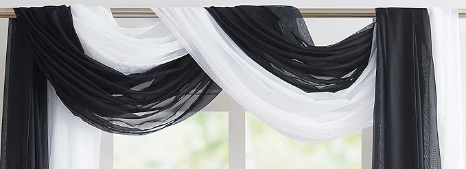 Warm Home Designs Double Window Scarves Bundle. Each White & Black Window Scarf Valance is 55" x 216". Great for Black Room Decor, as Canopy Bed Curtains or Draping Fabric. AS White & Black 216"
