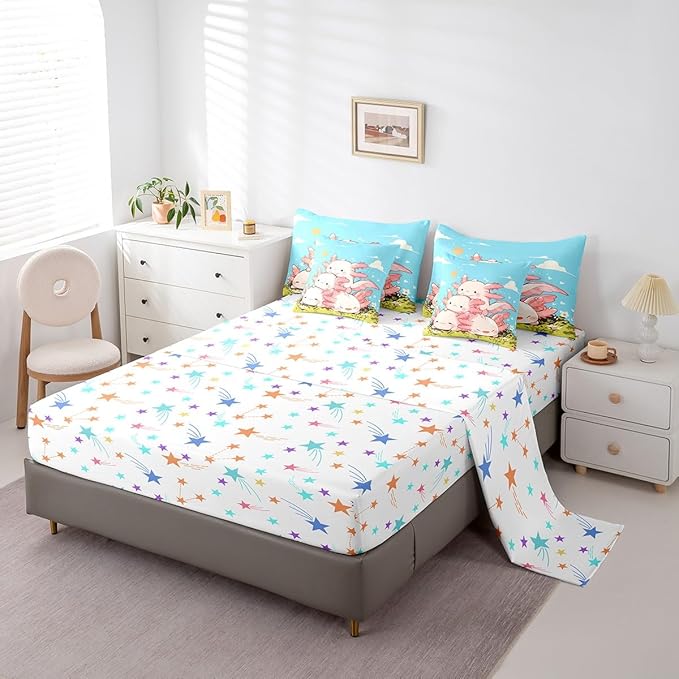 Feelyou Kids Cute Axolotl 7 Pieces Bedding Set Queen Size, Cartoon Salamander Bed in A Bag Ocean Sealife Comforter Set with Sheets Boys Girls Kawaii Animal Teens Bed Set Bedroom Decor 7Pcs