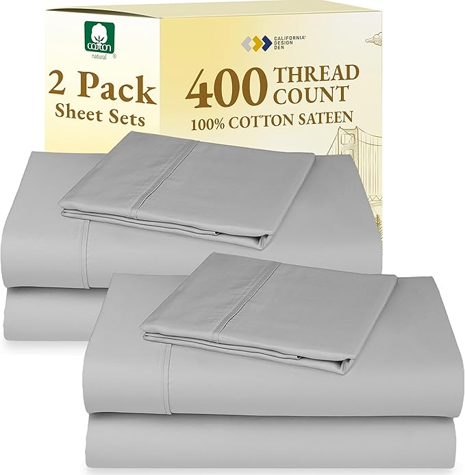 California Design Den 2-Pack Twin XL Sheet Set Cotton - 400 Thread Count 100% Cotton Sateen - Soft and Breathable Sheets, Twin XL Sheet Sets, 2 Sets of Deep Pocket Bed Sheets - Light Grey