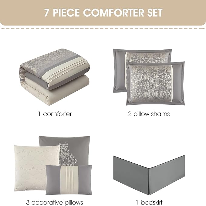 Grand Avenue7 Piece Grey Comforter Set, California King Size, DamaskJacquard Home Decor, Matcking Bed Skirt, Decorative Pillows & Shams, All Season Cozy Bedding Set