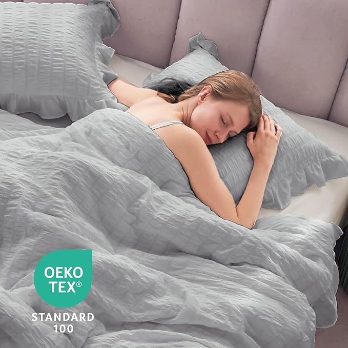 JOLLYVOGUE Light Grey Queen Comforter Set, 3 Pieces Seersucker Comforters Queen Size, Lightweight & Fluffy Bedding Sets Queen for All Season with 1 Ruffle Comforter and 2 Ruffle Pillowshams