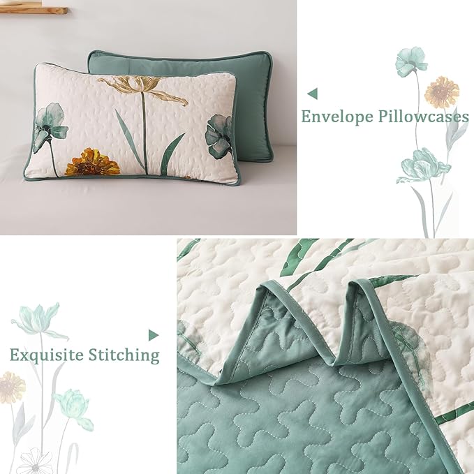 WONGS BEDDING Floral Quilt Set Full,Green Yellow Floral Botanical Bedspread Bedding Set with 2 Pillowcase,Lightweight Spring Farmhouse Coverlet Set for All Season (78"x90")
