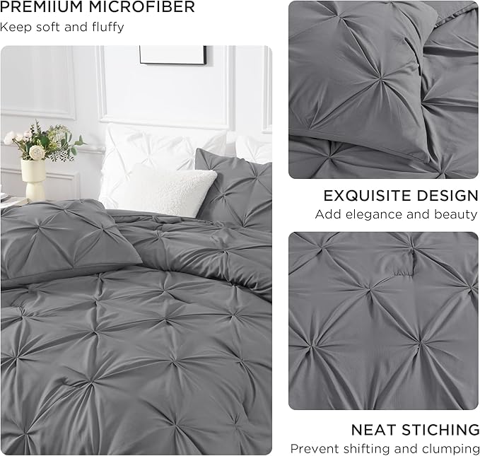 Andency California King Comforter Set Medium Gray (104x96Inch), Pinch Pleat Cal King Comforter Set 3 Pieces, Oversized King Pintuck Bed Comforter, Microfiber Down Alternative Comforter Bedding Set