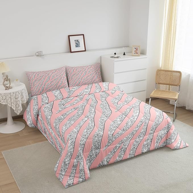 Women Leopard Bedding Set Girls Pink Silver Leopard Print Comforter Set for Kids Boys Teens Glitter Zebra Print Comforter Safari Animal Print Quilt Set Room Decor Duvet Set for All Season Twin Size