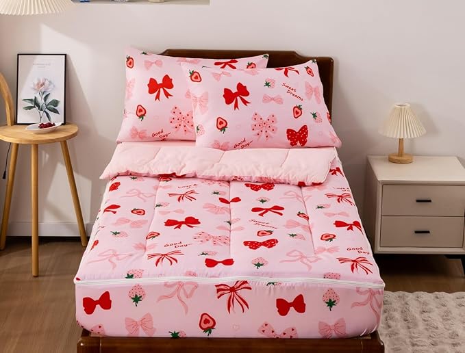 Meeting Story 3pcs Kids Comforter Set Zipper Bedding Set for Girls,Twin Kid Bedding Set Strawberries Bow Tie Comforter Set for Kid,All in one Zipper Bedding（Red,Twin）