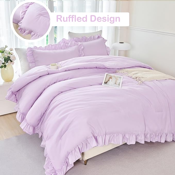 ANGIYUIN 5 Pieces Purple Comforter Set Twin Lavender Ruffle Bed in A Bag with Sheet Sets Solid Color Farmhouse Bedding Sets Soft Microfiber Bed Sets for Girls Kids(Purple Twin)