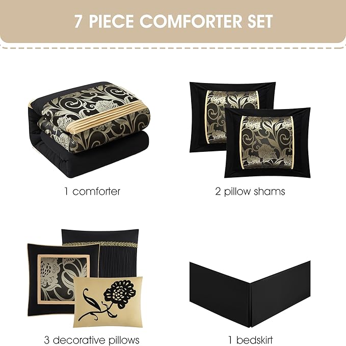 Grand Avenue Jacquard Floral Comforter Set, Luxury, 7 Pieces Full Black Bedding Set, Classic, Matching Pillows & Shams, Bed Skirt, Ultra-Soft, Lightweight Microfiber