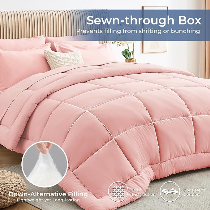 Sasttie King Size Comforter Set, 7 Pieces Bed in a Bag King, Complete Bedding Set Includes Comforter, Flat Sheet, Fitted Sheet, Pillowcases and Pillow Shams, Pink