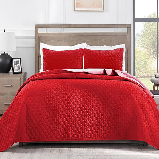 Exclusivo Mezcla Reversible King Size Quilt Bedding Set with Pillow Shams, Lightweight Quilts King Size, Soft Bedspreads Bed Coverlets for All Seasons - (Red, 104"x96")