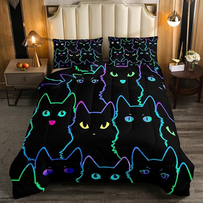 Erosebridal Teen Girl Bedding Full Size Cute Cat Kids Comforter Set Rainbow Line Cats Bedding Sets for Girls Boys Cartoon Kawaii Animal Quilt Set Reversible Black All Season,2 Pillow Cases