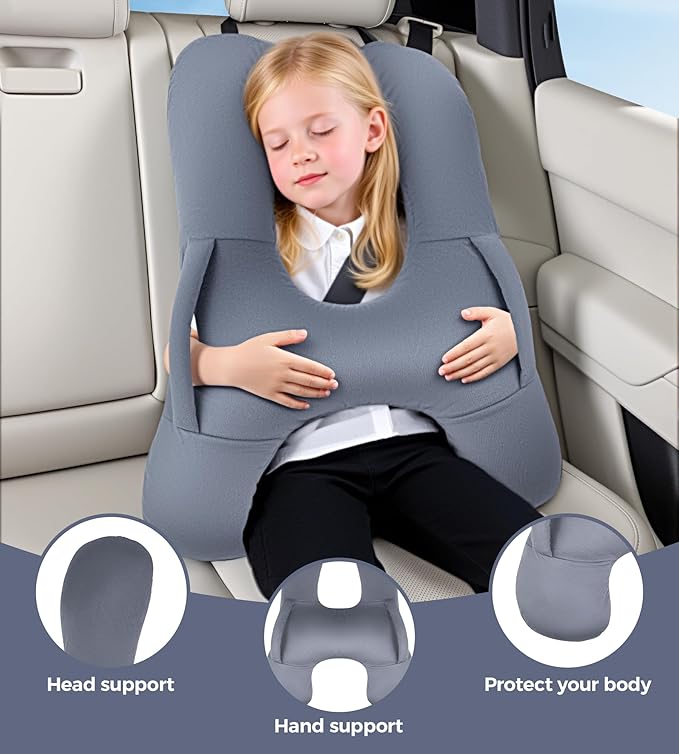 BEBAS U-Shaped Kids Travel Pillow for Car Travel Accessories for Children Adults - Soft Breathable Supports Neck Head for Sleeping - Adjustable Strap for Airplane Long Road Trip (Grey, H-Shape)