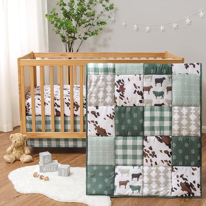 The Peanutshell 3 Piece Baby Crib Bedding Set for Boys & Girls - Newborn, Infant & Toddler Nursery Bed Set Decor with Fitted Crib Sheet, Dust Ruffle, Crib Comforter - Boho Farm