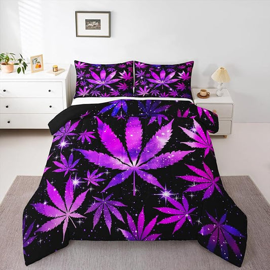 Erosebridal Purple Black Comforter Set Queen Size Hippie Leaf Bedding Sets for Adults Women Men,Leaves Galaxy Comforter Botanical Bed Quilt Set 2 Pillow Cases