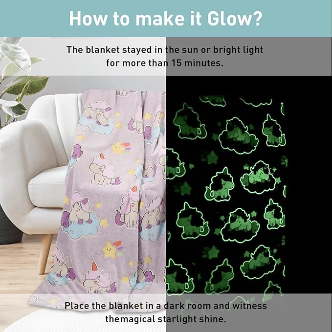 Glow in The Dark Blanket Unicorn Pattern for Unique Birthday Gifts for Girls Boys Teens, Lightweight Soft Cozy Warm Fuzzy 50"×60" Purple
