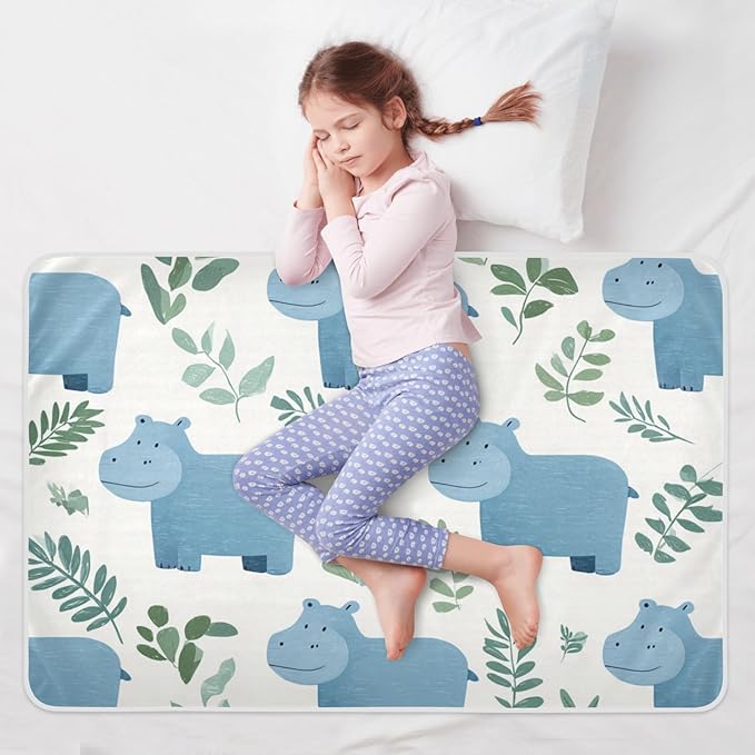 Waterproof Bed Pad Reusable Changing Pad Toddler Mattress Protector Large Pee Pad Baby Diaper Pad Soft Washable Liner Cute Hippo and Green Leaves