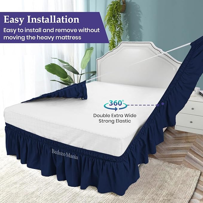 Wrap Around Bed Skirt 10" Inch Drop 100% MicrofibreFabric 1-Piece Bed Skirt Easy Fit Easy Care Fade & Wrinkle Resistant - Queen Size (60"X80"), Navy Blue Color