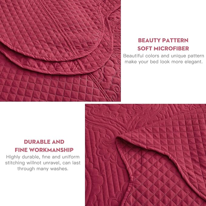 HZ & HY Oversized King Bedspread, Ultrasonic Coverlet Bedding Set, Lightweight Thin Comforter, Reversible, 5 Piece, 100% Microfiber, Wine Red