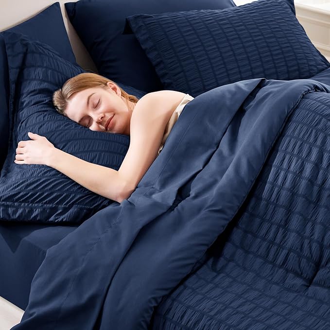 CozyLux Full Size Comforter Sets with Sheets Seersucker 7 Pieces Navy Blue Bed in a Bag Textured Luxury Soft Bedding Set with Down Alternative Comforter, Sheets, Pillowcases & Shams for All Seasons