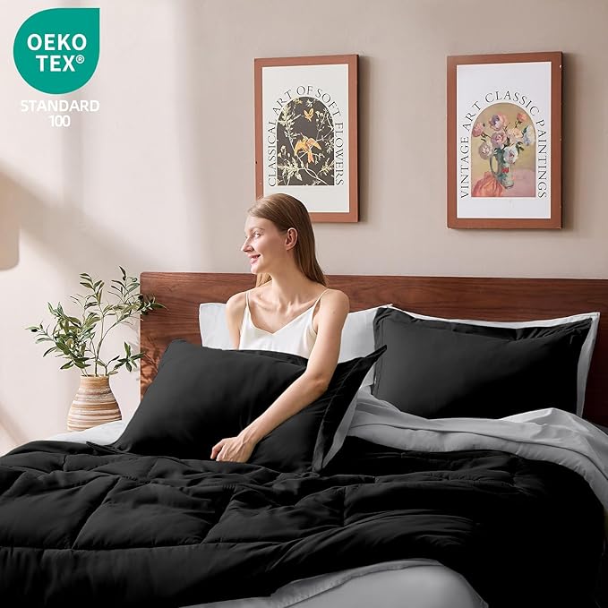 FUANNA Full Size Comforter Sets 7 Pieces, Reversible Bed in a Bag with All Season Soft Comforter, Bedding Sets Includes Comforter, Flat Sheet, Fitted Sheet, Pillowcases & Shams, Black & Light Grey