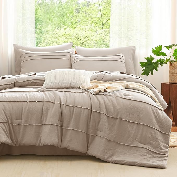 CozyLux Comforter Full Size Wheat, 7 Pieces Soft Pinch Pleat Bed in a Bag Full Comforter Set with Sheets, Boho Bed Set with Down Alternative Comforter, Sheets, Pillowcases & Shams