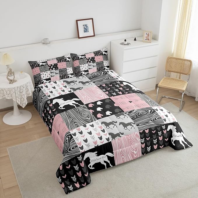 Girls Unicorn Comforter Queen Girly White Horse Bedding Western Cowboy Cowgirls Quilt Patchwork Buffalo Plaid Duvet Insert Arrow Stripes Wild Animal Soft Down Comforter 3Pcs Bedroom Decor,Pink Black