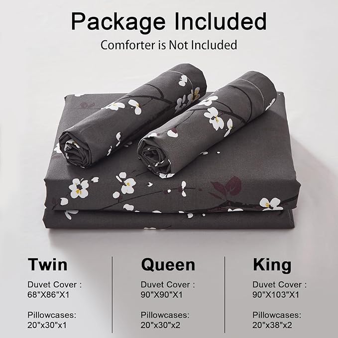 WONGS BEDDING Floral Duvet Cover Set Queen, Dark Grey 3 Pieces Flower Plum Blossom Printed Bedding Set with 2 Pillowcases,Branch Duvet Cover Set Queen Size 90"X90"(Not Comforter)