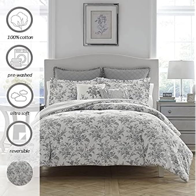 Laura Ashley Home - Queen Comforter Set, Reversible Cotton Bedding, Includes Matching Shams with Bonus Euro Shams & Throw Pillows (Annalise Grey, Queen)