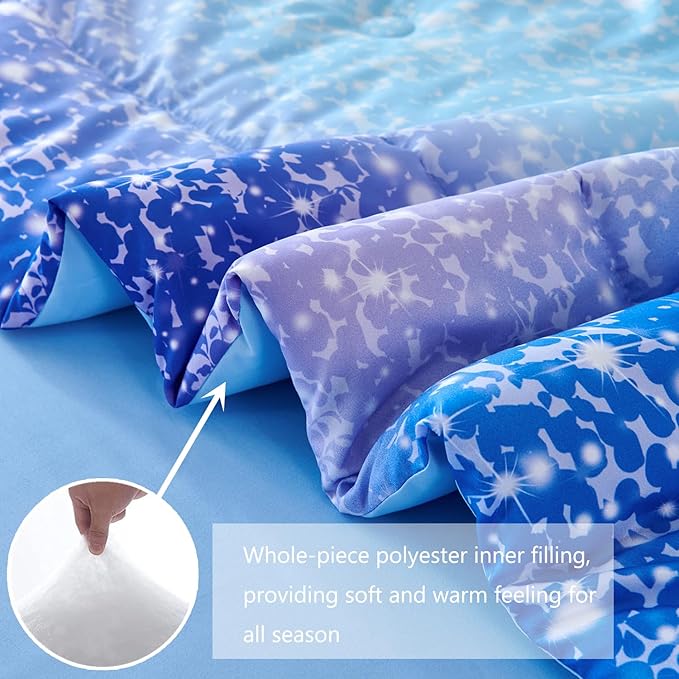 PERFEMET Full Size Comforter Sets for Girls - 6 Pieces Kids Bed in A Bag, Colorful Rainbow Fluffy Bedding Comforter Sheet Set, Tie Dye Glitter Girl Bedroom Bed Set (Blue, Full)