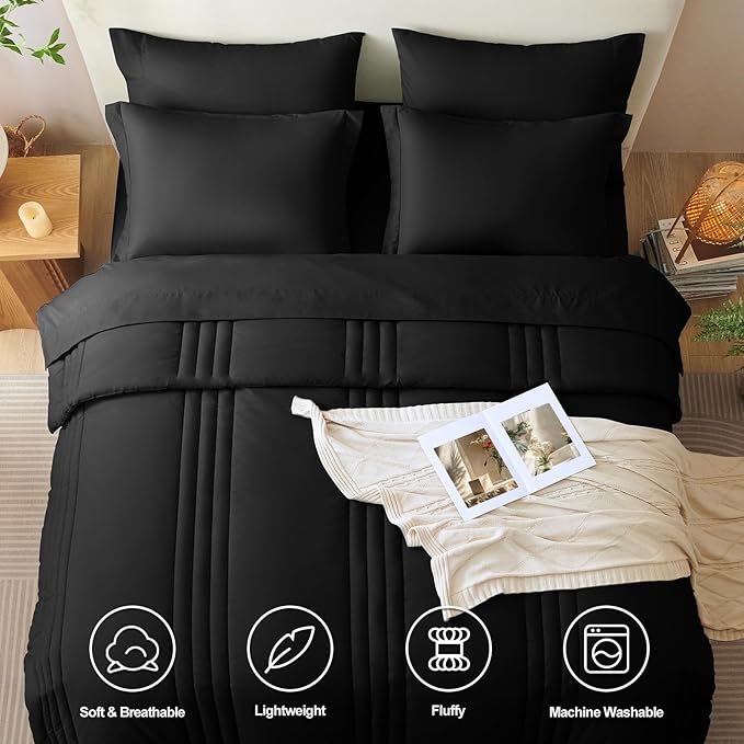 CozyLux Queen Size Comforter Sets - 7 Piece Bed in a Bag Black Comforter Set with Sheets Queen Bed Set All Seasons, Soft Bedding Set with Down Alternative Comforter, Sheets, Pillowcases & Shams