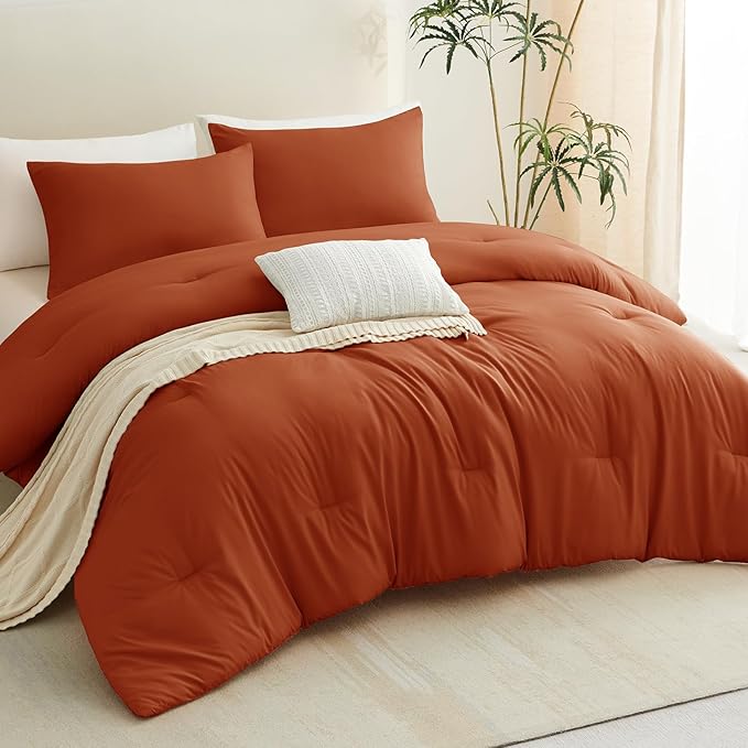 CozyLux California King Comforter Set Burnt Orange, 3 Pieces Cal King Terracotta Solid Breathable Bedding Sets, Luxury Soft Quilt Bed Set with Down Alternative Comforter (1 Comforter & 2 Pillowcases)