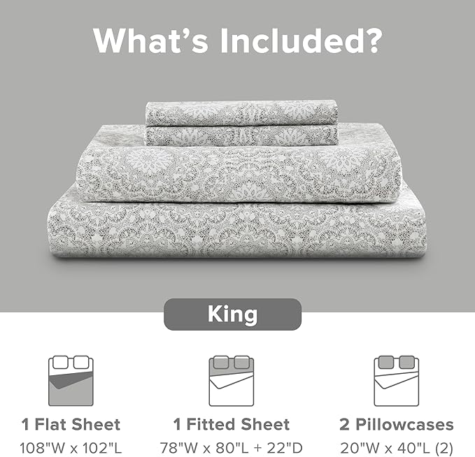 Comfort Spaces Extra Deep Pocket, 100% Cotton King Fits up to 24" Mattress, Breathable, Naturally Cool, Soft, All Seasons Sheet Set, Adelia Grey 4 Piece