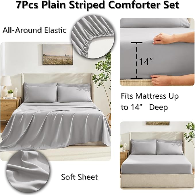 CozyLux Oversized King Comforter Sets French Grey, 7 Pieces Bed in a Bag, Ultra-Soft All Season Bedding Sets with Stitch Quilted Comforter, Flat Sheet, Fitted Sheet, Pillowcases, French Grey