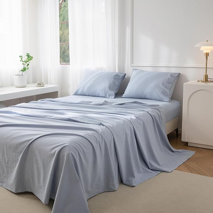 JIYUAN 100% Washed Cotton Sheet Set 3 Pieces Twin,1 Fitted Sheet,1 Flat Sheet and 1 Pillowcase, Comfy and Breathable Linen Like Bedding Set,Heathered Light Blue